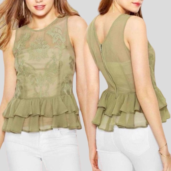 Fairycore sage sheer embroidered peplum ruffle blouse - Picture 1 of 4